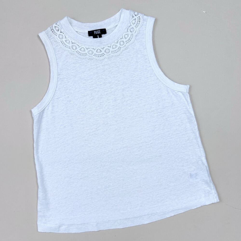 Paige 100% Linen Slub Knit White Crochet Crewneck Sleeveless Tank Top SMALL